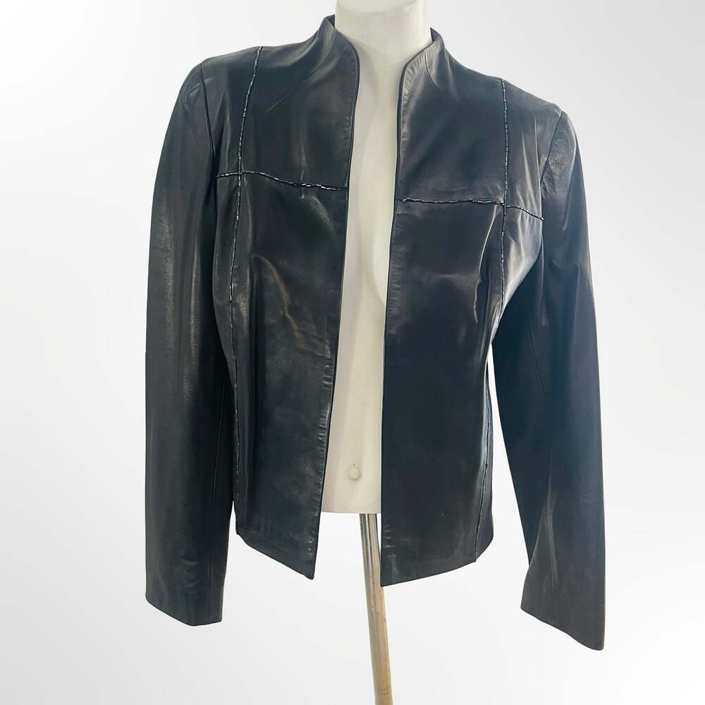 Siena Collection Black Genuine Leather Open Front Jacket with Bead Detail